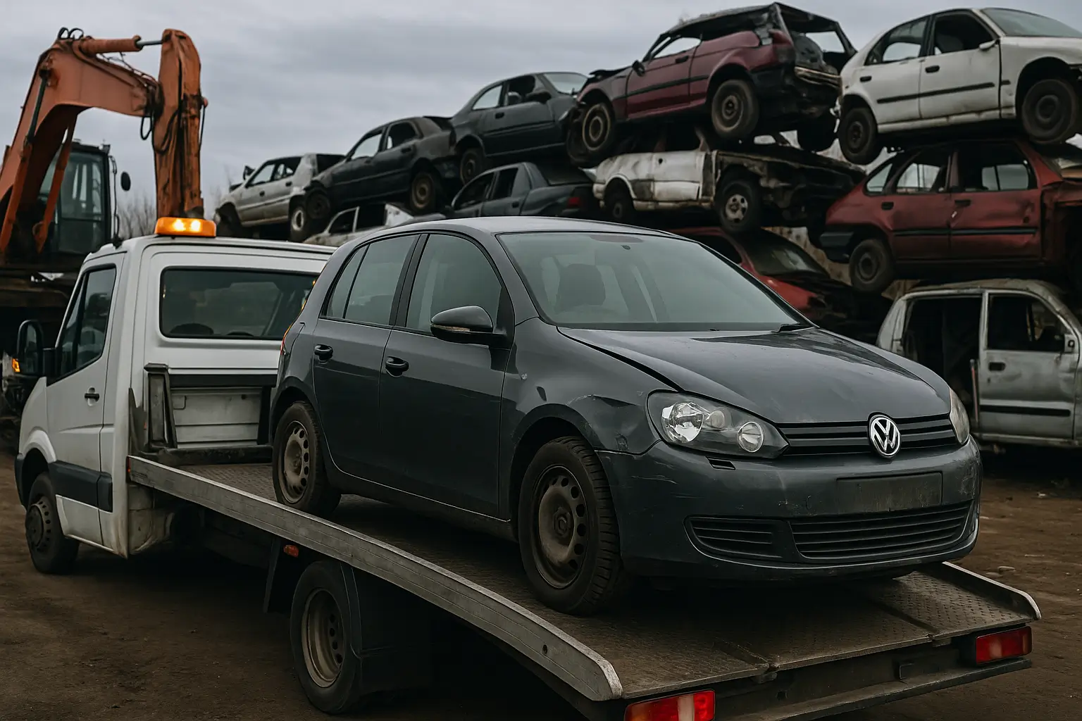 Accident-damaged VW Golf being loaded onto a tow truck