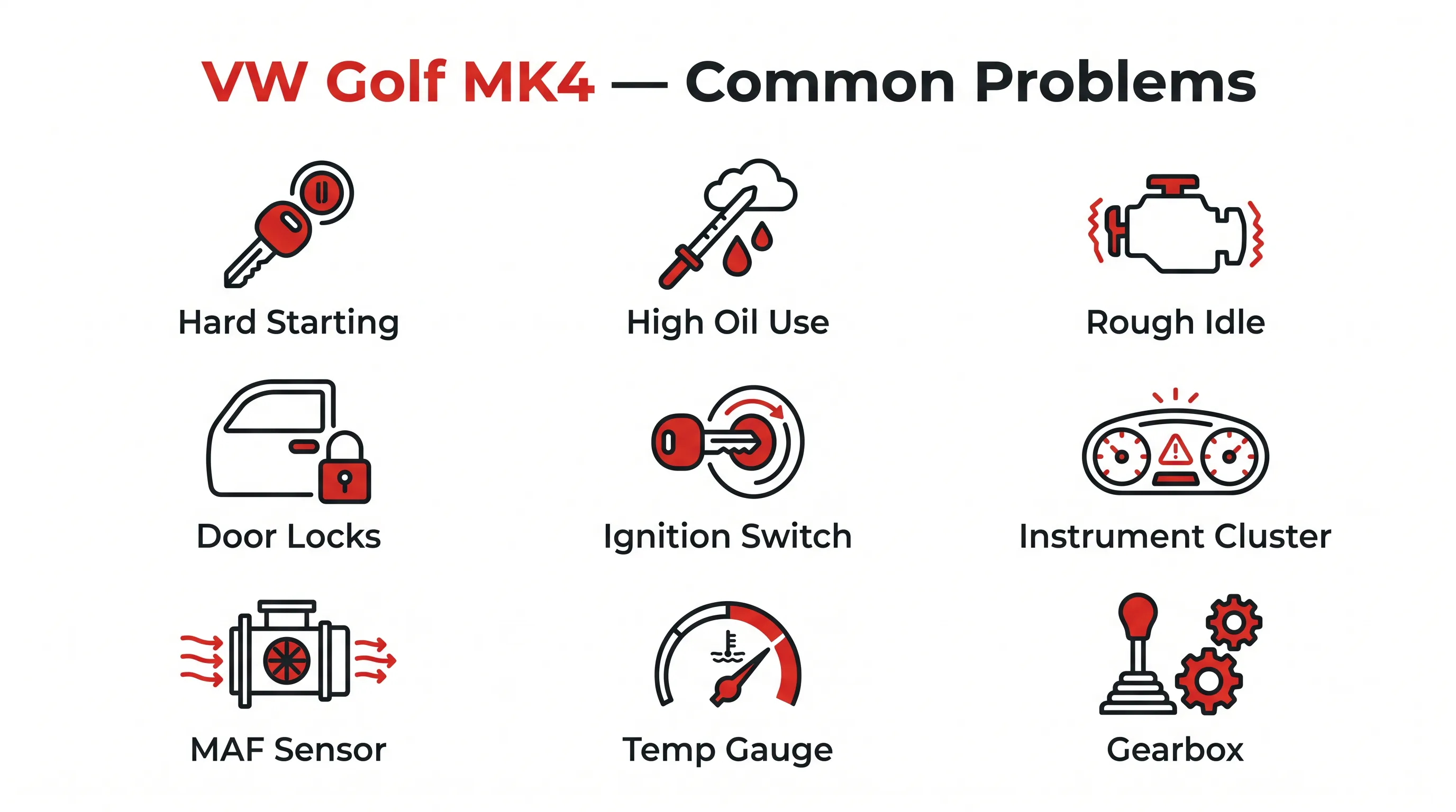 Infographic of common VW Golf Mk4 problems and typical South African repair costs