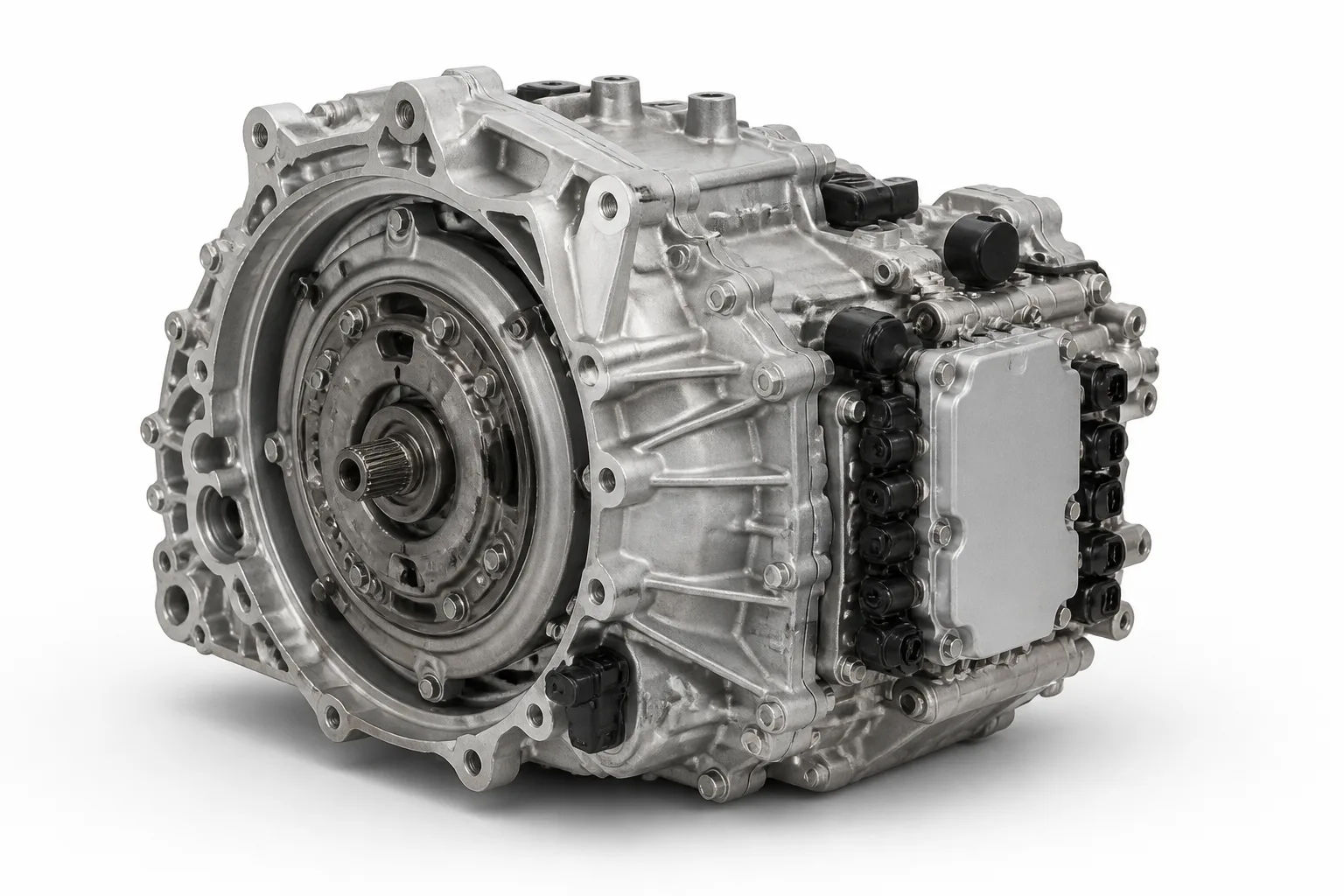 Used VW dual-clutch DSG gearbox with its mechatronic control unit, photographed on a white background