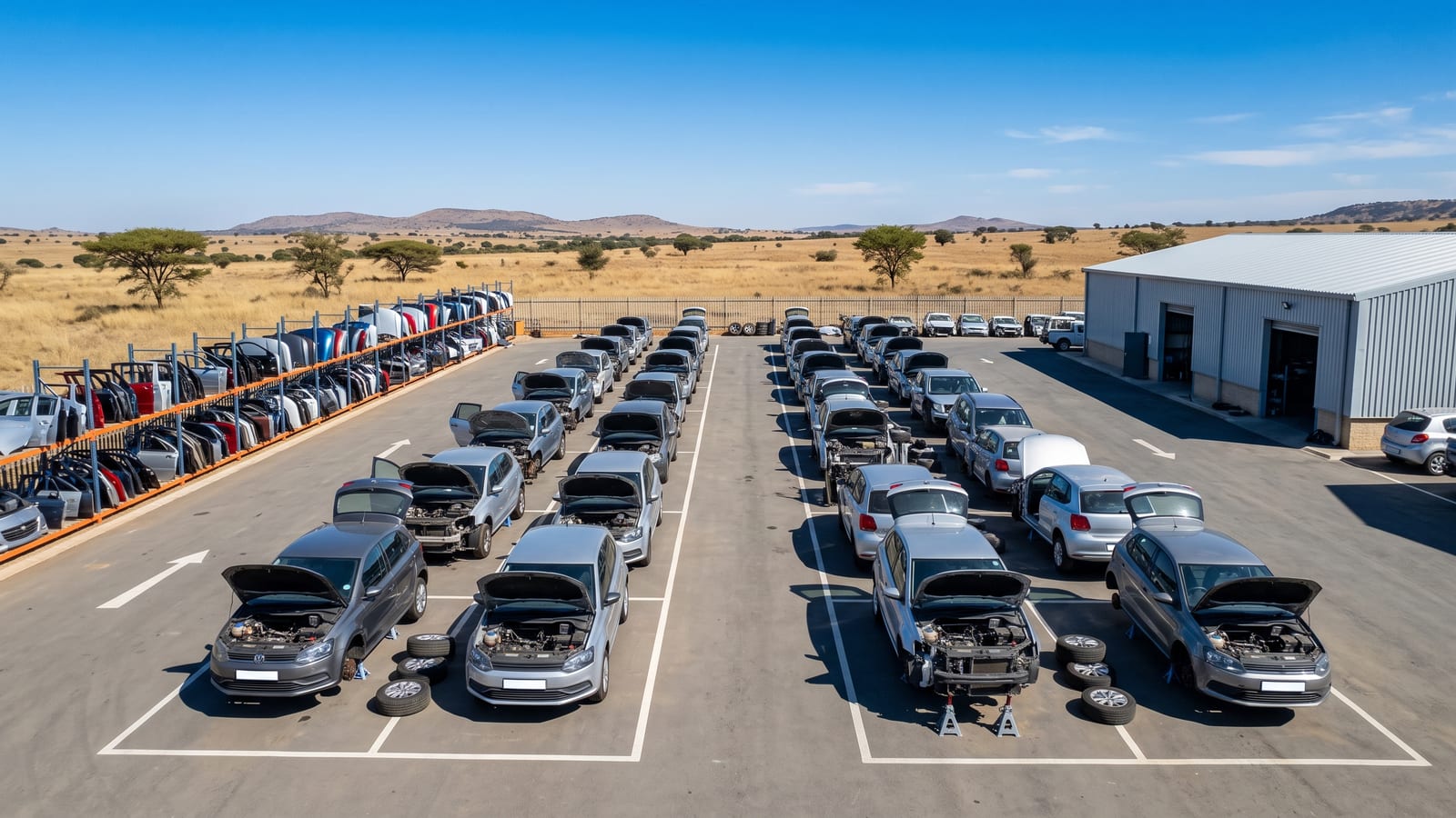 Volkswagen scrap yard with stripped VW vehicles and used spares